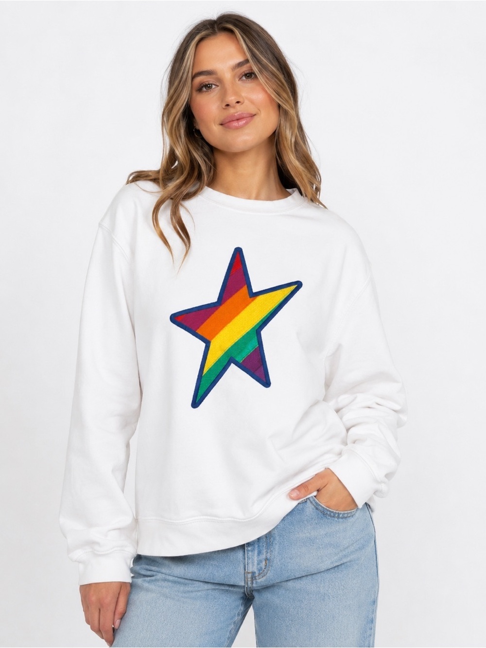 Rainbow Star Sweatshirt White Crewneck Pullover Y2K Pride Graphic Women’s Small